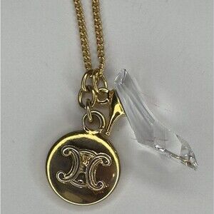 AUTHENTIC CELINE LOGO CHARM NECKLACE WITH SWAROVSKI CRYSTAL SLIPPER 20 inch